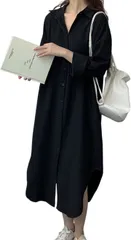 グリーンパキラ ロングシャツ レディース 長袖 シャツワンピース トップス ブラウス 羽織り 大きいサイズ 襟付き 前開き コットンワンピース 重ね着 着回し カジュアル(ブラック,  L)