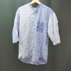 ◇ ◎ COMME CA ISM コムサイズム ストライプ柄 フロントボタン オーバーサイズ 半袖 シャツ サイズL ブルー レディース E  【1309250004226】