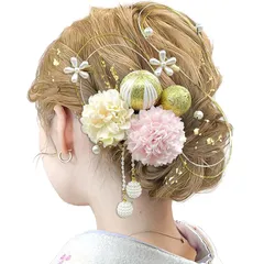 【JZOON】浴衣 髪飾り 15点セット 成人式 卒業式 振袖 和装 着物 袴 ドライフラワー 金箔 和玉 水引き パール 全9色 ピンク F1103