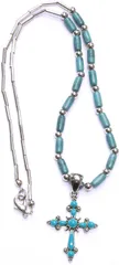 ターコイズ系 ビーズ チェーン ネックレス ペンダント クロス #2 ブルー 青