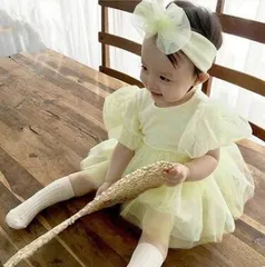 ［即納73cm・90cm］ヘアバンド付きふわふわチュールベビードレス　ワンピース・ロンパース