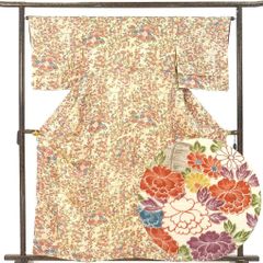 小紋 身丈160cm 裄65cm 前幅23cm 後幅28cm 袖丈49cm 袖幅33.5cm レディース 袷 四季の花柄 裄Mサイズ 秋冬春用 正絹（シルク）イエロー 美品 リメイク リユース リサイクル【呉服のきくや】
