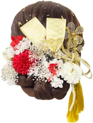 【在庫処分】ドライフラワー 造花 成人式/卒業式/七五三/結婚式/振袖/和装/着物用髪飾り 15枚セット レッド/ゴールド 髪飾り (レッド)