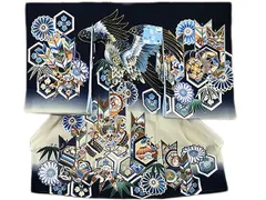 お宮参り着 紺色 鷹 兜 弓 着物 日本製 お祝着 産着 赤ちゃん 百日 晴れ着