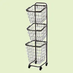 【新着商品】3段 【取り外し・積み重ねOK】 かご 大容量 洗濯物 ランドリーワゴン 脱衣 ワイヤー バスケット キャスター付 ランドリーラック ダークブラウン 萩原(Hagihara) KR-3971DBRのサムネイル