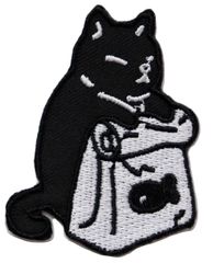 ワッペン 猫とエサ袋 アイロン接着 かわいい黒ネコの刺繍パッチ 説明書（日本語）付き