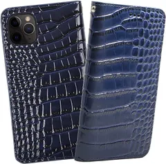ReZuell クロコダイル x 牛革 iPhone12 Pro Max apple . 手帳型 レザー ケース 12proMax( ブルー,  iphone12Pro Max)