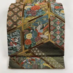 【美品】 袋帯 秀品 関西仕立て 孔雀 草花 金糸 唐織 金茶 六通 正絹 【中古】