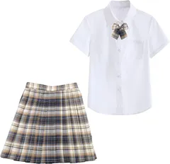 ルナリ 制服 3点セット 女子高生 JK ブラウス スカート リボン チェック柄 シンプル ハロウィン 仮装 コスプレ( 茶色,  M)