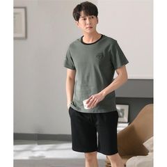パジャマ ルームウエア メンズ 半袖 半ズボン 短パン ナイトウエア XL  お家時間 Tシャツ 寝間着 ギフト ポケット付き カーキ ブラック 黒 dh300d4