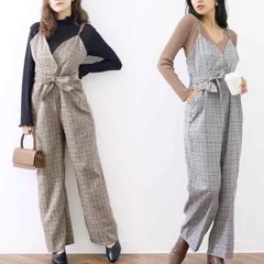 サロペット チェック レディース ワンピース M オールインワン グレーンチェック ロンパース ワイドパンツリボンベルト ベージュ ブラック 黒 春 夏 秋 冬 ノースリーブ キャミワンピ キャミワンピース 新品送料無料 ゆったり 重ね着 レイヤード