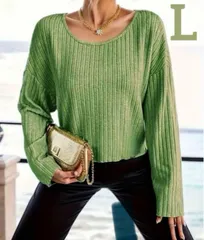 【新品】【L】レディース リブ編みクルーネックTシャツ