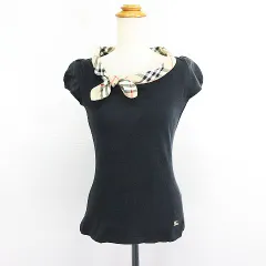 バーバリーブルーレーベル BURBERRY BLUE LABEL カットソー 半袖 キャップスリーブ ボウタイ ロゴ 刺繡 コットン 38 ブラック ※EKM