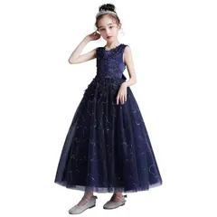[Ｋａｙｉｙａｓｕ] 子供ドレス ピアノ 発表会 女の子 フォーマル ロングドレス 結婚式 卒業式 パーティー 刺繍 入園式 120-170 3－13歳に適合 (ネイビー, 150) 1