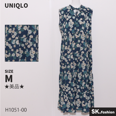 ★美品★ UNIQLO ユニクロ ワンピース　ロング丈　ノースリーブ　花柄　ティアード　PAUL&JOEコラボ 　ネイビー　グリーン　 【H1051-00】 送料無料　古着　レディース