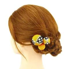 髪飾り 成人式 振袖 前撮り 袴 花 浴衣 夏祭り 花火大会 3点セット 黄色 ちりめん 玉飾り 格子 ヘアアクセ かんざし 新作 ヘッ No.9-3275