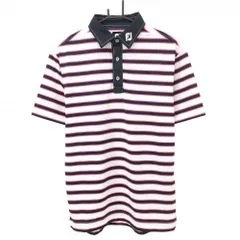 【美品】フットジョイ 半袖ポロシャツ 白×ネイビー ボーダー 襟ロゴ刺しゅう メンズ M ゴルフウェア FootJoy