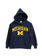 【お得なクーポン配布中!】 90s 2段 カレッジ プリント スウェット フード パーカー キッズ S 100cm 程/ オールド Champion トレーナー 裏起毛 子供服 プルオーバー 紺