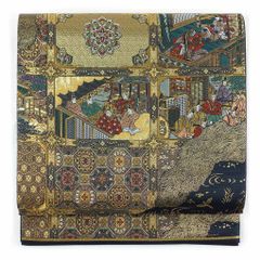 袋帯 幅30.5cm 長さ434cm レディース 宮中柄 秋冬春用 正絹（シルク）ブラック 美品 リメイク リユース リサイクル【呉服のきくや】