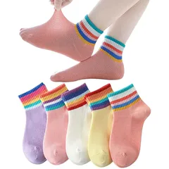 【新品】 [ANNGEBALY] キッズ靴下 女の子 レインボー メッシュ ソックス 5足セット ガールズ 夏用 虹 ソックス 可愛い ボーダー 通気 子供用靴下 フォーマル服用 カラフル 通園 通学 綿 (JP, アルファベット, M, 虹柄) 1