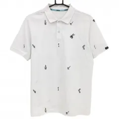 ★値下げ★アディダス 半袖ポロシャツ 白×黒 刺しゅう総柄 キャリーバッグワッペン メンズ  ゴルフウェア adidas