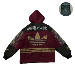 adidas アディダス Zip-upHoodie ジップアップパーカー SweatShirts スウェット 裏ボア キルティング 総柄 AllOverPrint プリントロゴ デカロゴ Drawcord ドローコード Bordeaux ボルドー XL相当