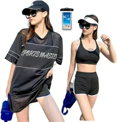 OJUMAH 水着 レディース タンキニ ３点セット ラッシュガード 付 体型カバー スポブラ パッド付き ショーパン Tシャツ フリーサイズ M相当( ブラック,  Free Size)