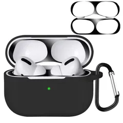 OHMYGD 対応 AirPods Pro2 / AirPods Pro 用 ケース 【ダストガード付き（ブラック）】 Airpods Pro 第2世代 ケース 装着充電可能 カラビナ付き 液状シリコン素材 全面保護 落下防止 キズ防止 耐衝撃 防塵 軽量 エ