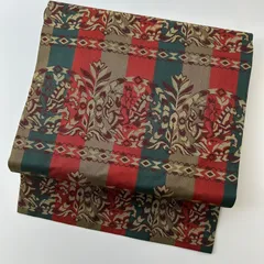 紬名古屋帯（格子に花絣文）全通総柄　正絹美品 長尺 名古屋帯 正絹 紬 きりばめ 刺子 素敵な柄 U-4431 紬