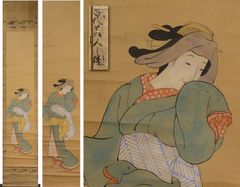 彩色肉筆春画」明治頃筆 絹本 12図2枚|艶本 わじるしわ印浮世絵 錦絵