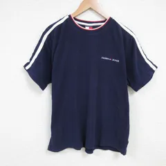 XL/古着 トミーフィルフィガー トミージーンズ 半袖 ブランド Tシャツ メンズ 90s ワンポイントロゴ コットン クルーネック 紺 ネイビー 25