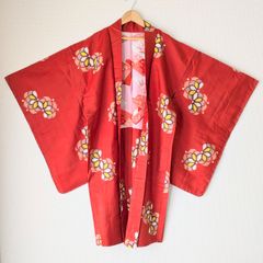 Japanese Vintage Haori Long Meisen Red Floral pattern Silk Kimono Jacket Old-ⅽloth 長羽織 羽織 正絹 銘仙 朱赤 古布 時代布 一点物 大正浪漫 和洋折衷