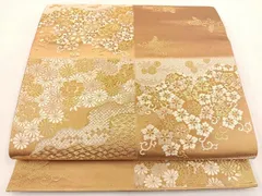 平和屋着物◎六通柄袋帯　唐織　市松草花文　金糸　正絹　逸品　BAAT5535yt