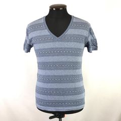 日本製★STUDIOUS【ステュディオス】半袖Ｔシャツ/カットソー【メンズS/スチールブルー/総柄】コットン/レーヨン/Vネック/Tops◆BJ084-h