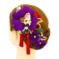 髪飾り 成人式 つまみ細工 振袖 前撮り 袴 浴衣 夏祭り 花火大会 2点セット 紫 ちりめん 房付き 組紐 和柄 ヘアアクセ かんざ No.9-3308