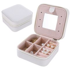 ☆ Beige ☆ Portable Jewelry Box, Stylish jelcsfs53 Jewelry Box, Portable Accessory Case, Small, Compact, Travel, Outing, Simple, with Mirror, Stores Rings, Necklaces, Earrings, Watches, and Other Accessories