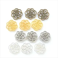 V-054 チャーム12個セット【カメリア】4色各3個入 ゴールド ホワイトシルバー シルバー アンティーク 金 銀 金古美 花 ツバキ フラワー 植物 小さめ カン付き ピアス イヤリング ブレスレット ネックレス ハンドメイドアクセサリーパーツ