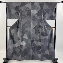 小紋 身丈159.5cm 裄丈67.5cm L 袷 落款 寄せ柄 花 黒灰 正絹 美品 名品 【中古】