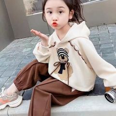 セットアップ 子供服 女の子 通園着 上下セット キッズ トップス+パンツ 2点セット かわいい クマ柄 ガールズ フード付き 入園式 卒園式 通園着 通学着 春服 秋服 新品 長袖 長ズボン 誕生日 子ども服 KSFC133(90-140)