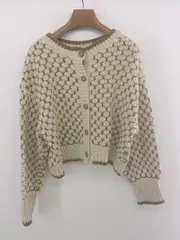 ◇ LOWRYS FARM 総柄 ショート丈 長袖 ニット カーディガン サイズF ライトベージュ ブラウン系 レディース E  【1304080000196】