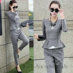 セットアップ レディース 長袖 春秋 40代 フォーマル 2点セット トップス チェック柄 ロングパンツ パンツスーツ オフィス 大きいサイズ おしゃれ 着痩せ 通勤#cupload72837