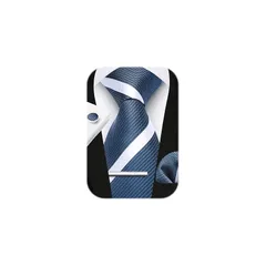 [HISDERN] ネイビー ネクタイ メンズ ビジネス ネクタイ チーフ タイピン カフスボタン 4点セット ストライプ柄 就活 入学式 卒業式 二次会 パーティー 父の日 プレゼントブルー