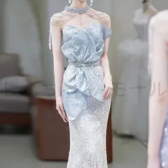マーメイドドレス イブニングドレス ブルー グレー ロングドレス ビスチェドレス ホルターネック フリンジ ラインストーン キラキラ キレイ