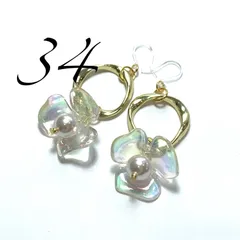 34ねじれリング＆オーロラフラワーフックピアス ハンドメイド イヤリング 現品限り
