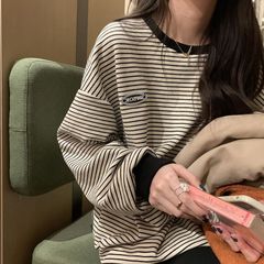 新品 カットソー Tシャツ 長袖Tシャツ トレーナー スウェット ゆったり ボーダー クルーネック レディース プルオーバー トップス カジュアル 秋 冬 通勤 通学 新品 可愛い