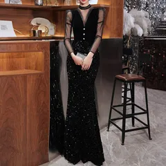 【新品 未使用】2026新作 イブニングドレス ロングドレス 黒 シースルー袖 ベルベット 長袖 発表会ドレス ブラック キラキラ スパンコール Vネックキレイめ パーティードレス タイト 大人 演奏会  