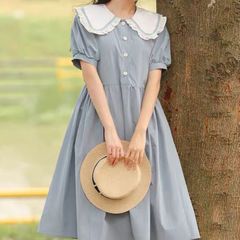 【新品】スウィートガーリー♡フリル襟レトロワンピース レディース ワンピース ブルー ネイビー 襟付き ガーリー S M L　B0545