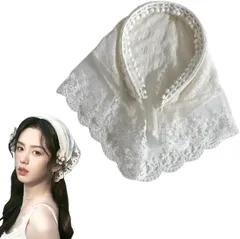 Liebendo カチューシャ式 ヘアバンダナ バブーシュカ レディース 髪飾り 髪アクセサリー 三角巾 ヘアバンド レース生地 ガーリー 清純 リボン 花刺繍 おしゃれ 可愛い(ホワイト,  Free)