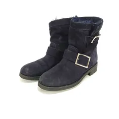 Jimmy Choo ジミーチュウ エンジニアブーツ スエード ショートブーツ バックル ベルト 紺色 ネイビー ファー イタリア製