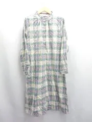 ◇ ⊂ SELF＋SERVICE チェック柄 綿100% 長袖 ロング ワンピース サイズL パープル ミント オフホワイト レディース E  【1504240012667】